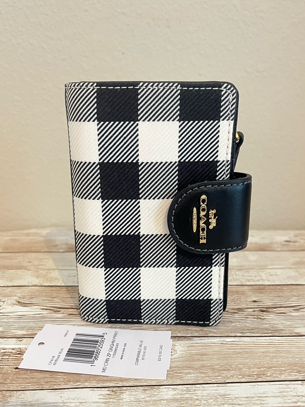 Coach Medium Corner Zip Wallet With Gingham Print CFA18 Gold/Black Multi🎀